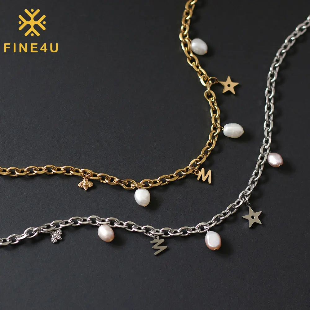 Stainless Steel Gold Plated Dangle Star Bee Initial Letter W Charm Chain Freshwater Pearl Necklace Choker