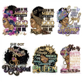 Black Queen Afro Girl Thermal Iron on Patches DTF Film Printing Ready to Press Juneteenth Heat Transfer Designs for T Shirts