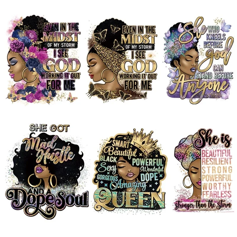 Black Queen Afro Girl Thermal Iron on Patches DTF Film Printing Ready to Press Juneteenth Heat Transfer Designs for T Shirts
