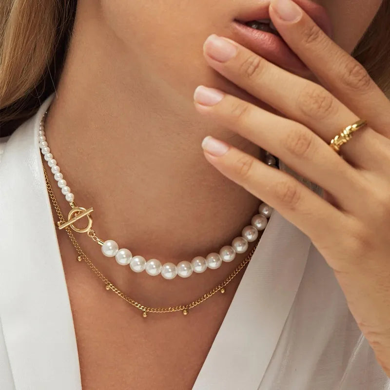 MICCI 18K Gold Plated Stainless Steel OT Clasp Link Non Tarnish Jewelry Pearl Necklace for Women