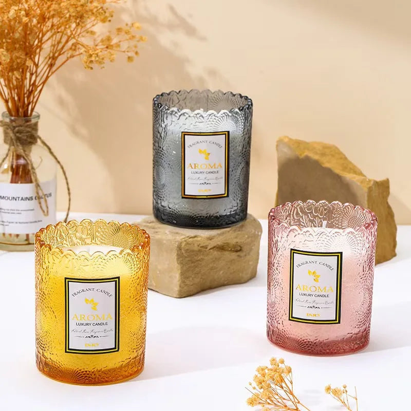 Empty 7oz Customizable Labelable Logo Candle Jars Colorful Embossed Glass Candle Holders for Home Weddings Christmas Decoration