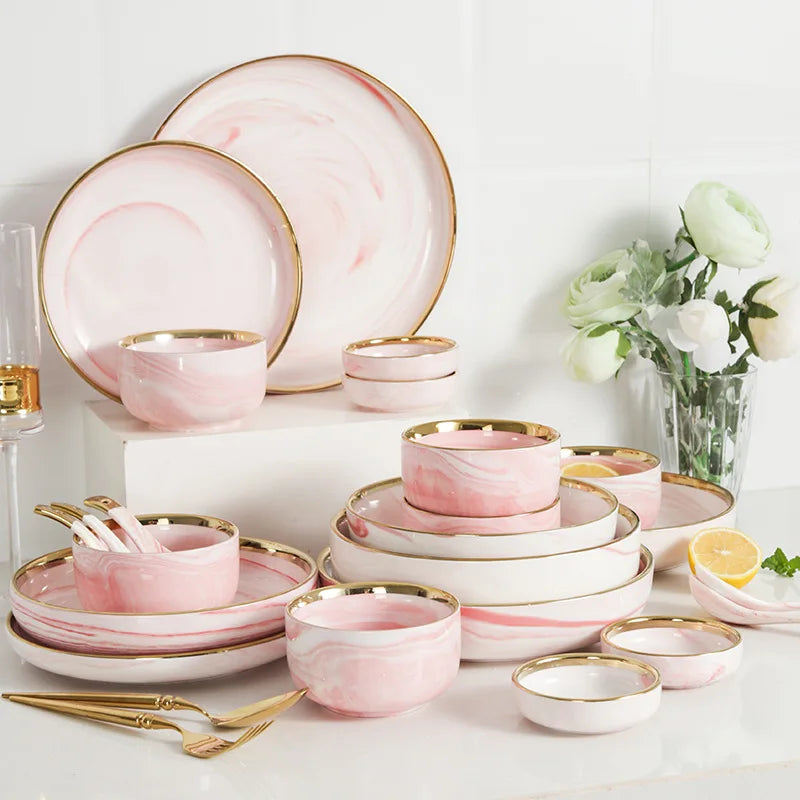Ceramic Luxury Marble Pink Gold Inlay Modern Design Dinnerware Set for Wedding