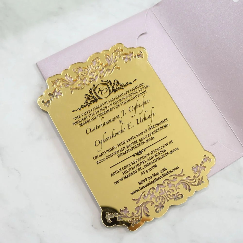 Creative Shape Laser Cut Gold Mirror Acrylic Wedding Invitation Card with Engraved Text