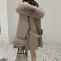 Christmas Winter Women Vintage Thick Wool Poncho Fox Fur Hooded Eco-Friendly Belted Long