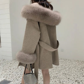 Christmas Winter Women Vintage Thick Wool Poncho Fox Fur Hooded Eco-Friendly Belted Long