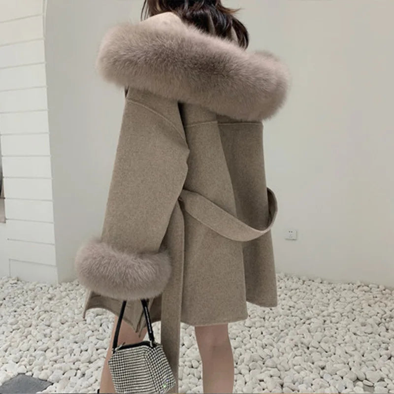 Christmas Winter Women Vintage Thick Wool Poncho Fox Fur Hooded Eco-Friendly Belted Long