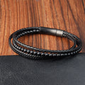 Fashion Jewelry Black Bead Matt Natural Stone Leather Cord Bracelet Handmade Genuine Leather Braided Buckle Bracelet for Men