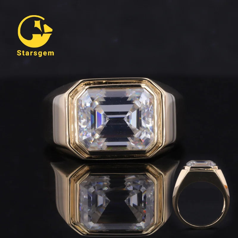 Starsgem 14kt Solid Gold Rings and Wedding Bands Antique Emerald Cut Men Moissanite Ring