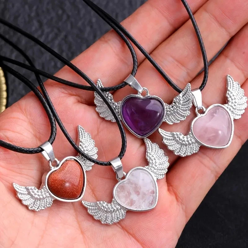 Wholesale Natural Stone Gemstone Jewelry Crystal Heart Shaped Wing Green Aventurine Rose Quartz Pendant Necklace for Women