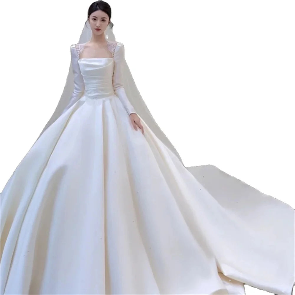 New Satin Simple Strapless Long Sleeve Wedding Dresses Girls Photograph Dress Bridal Gown