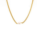 European American Style Fresh Water Pearl Choker Necklace for Women Classic Link Chain with Geometric Stainless Steel Jewelry