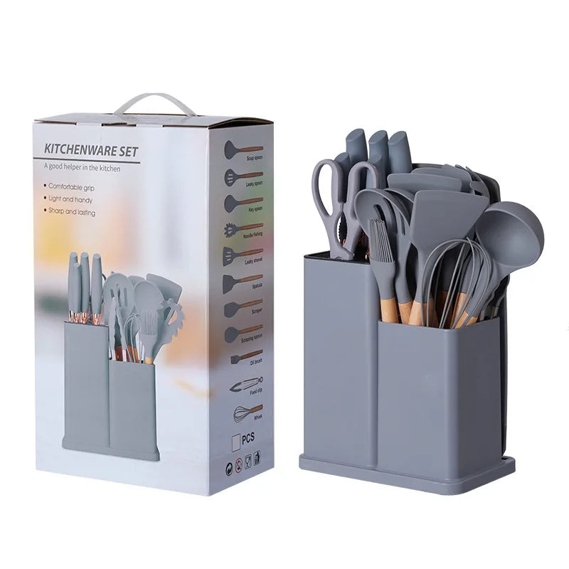 19pcs in 1 Set Wooden Handle Kitchenware Non Stick Accessories Silicone Cooking Kitchen Utensil Set Tools with Holder Box