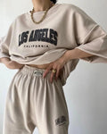 Spring New Casual commuter Printed Short Sleeve Sweater Trousers Two Piece Set