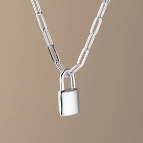 FUAMAY Fashion 925 Sterling Silver Paperclip Chain Lock Necklace White Gold Lock Pendant Necklace