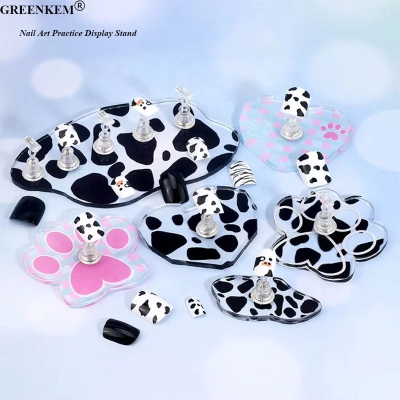 Nail Art Practice Display Stand Chess Board Magnetic Tips Milk Cow Heart Pattern Holder Acrylic Display Tray