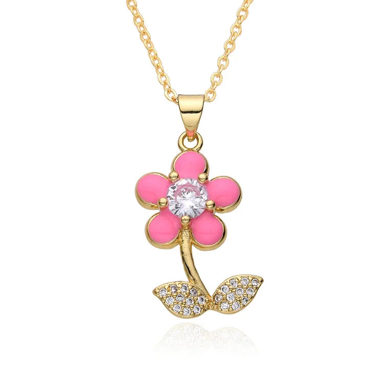 NZ1599 Dainty Women Jewelry Mini Minimal 18k Gold Plated CZ Micro Pave Sunflower Rose Floral Flower Charm Chain Necklace