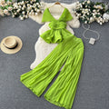 Boutique Wholesale 2026 Summer New Fashionable Pleated Sleeveless Chiffon Shirt High Waist Wide Leg Pants Women's Set