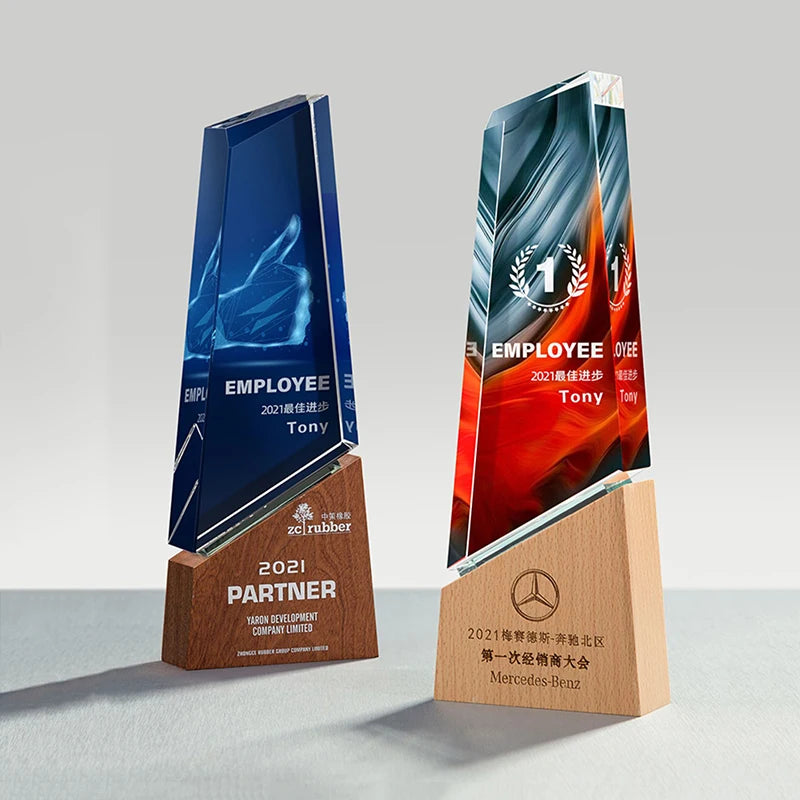 Newest Wooden Blank Trophy Crystal Glass Engraving Award Sublimation for Ceremony Sports Meeting Gifts