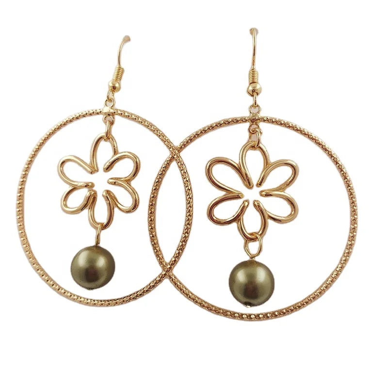 Big Hoop Plumeria Earring Hawaiian Flower Jewelry Wholesale Gold Filled Hoop Earring Set with Shell Fresh Water Pearl for Woman