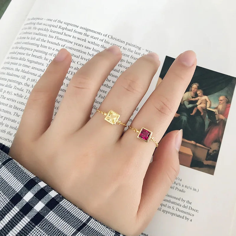 Colorful Cube Zircon Rings Adjustable Chain Romantic Occidental Style S925 Ring for Woman