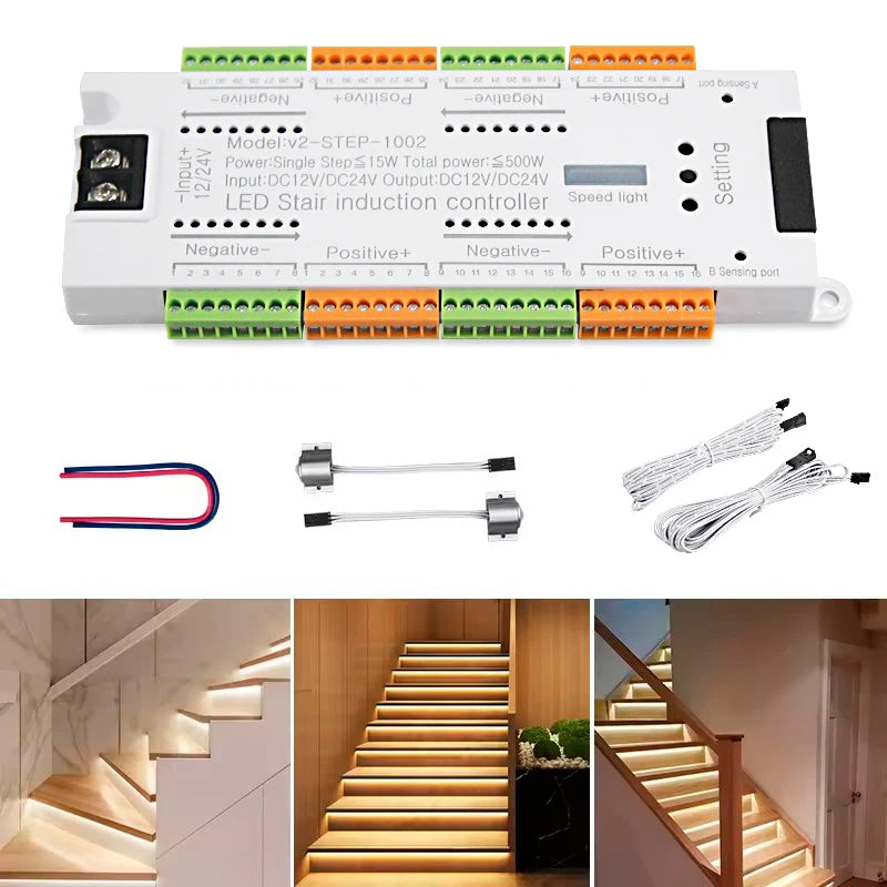 Hot Selling Direct Factory 32 Channel DC12V 24V 500W Stair Lighting PIR Automatic Step Stair Sensor Switch for Stair Light Strip