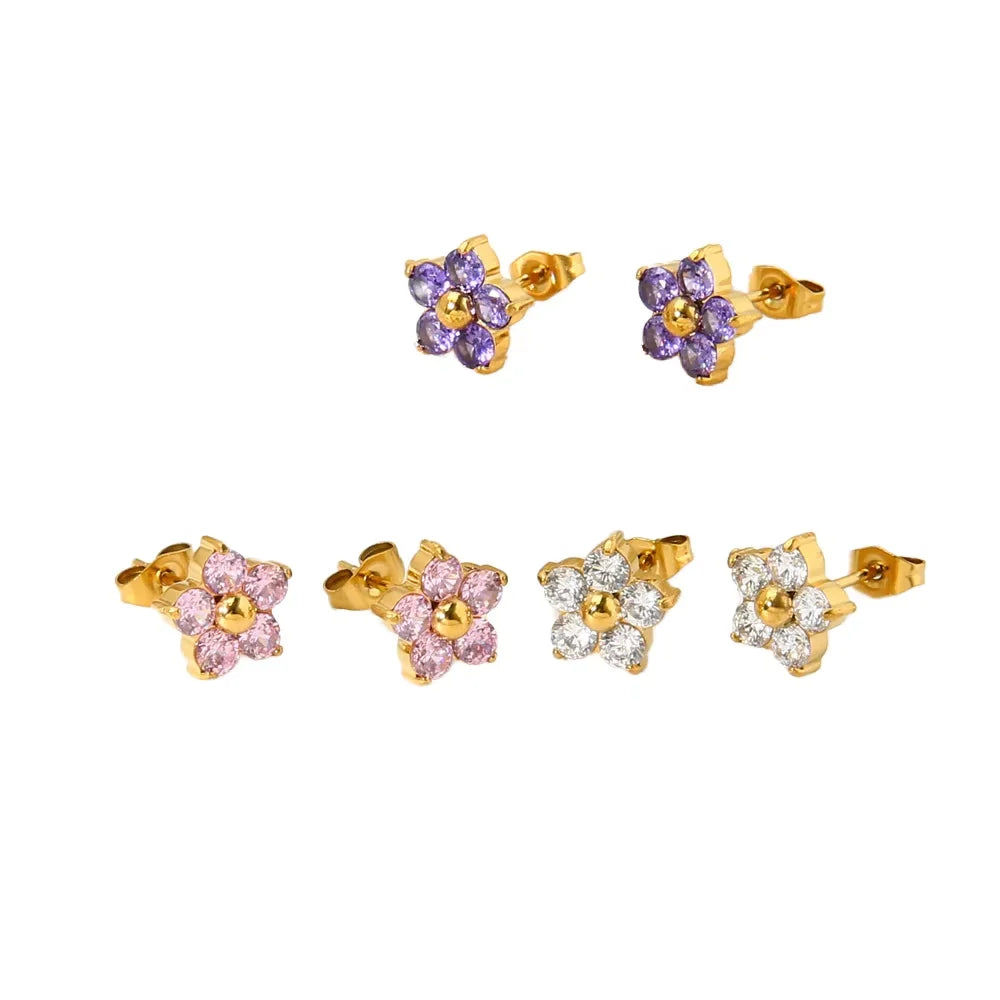 Gold Plated Ins Sweet Stainless Steel Earring Pink White Purple Zircon Stone Tarnish Free Jewelry Floral Design for Gift
