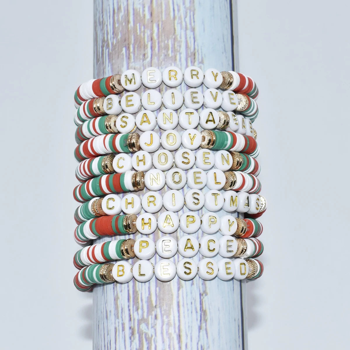Boho Handmade Heishi Polyer Clay Beads Customized Happy Joy Merry Christmas Words Stretch Bracelet for Xmas Days Gift