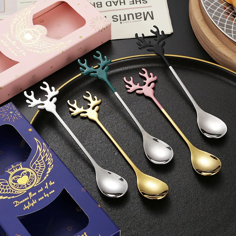 Unique Christmas Ornament Gift Box Set Stainless Steel Christmas Elk Spoon 304 Metal Tea Spoon