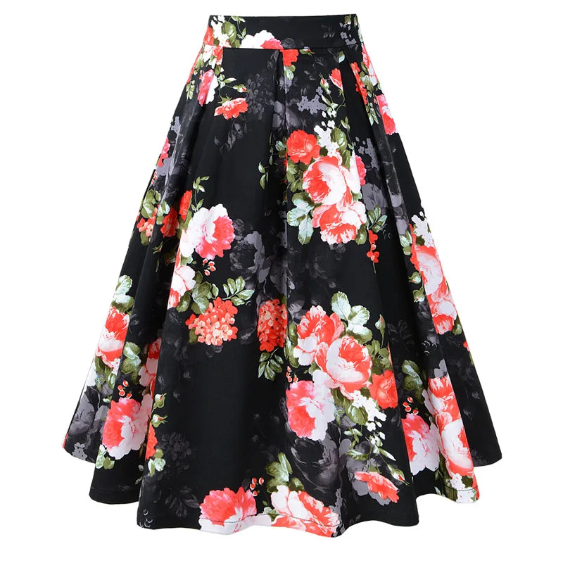 Casual Retro Hepburn Female Skirt Black Bottom Safflower Print Pleated with Breathable Ruffles Plus Size Natural Waistline