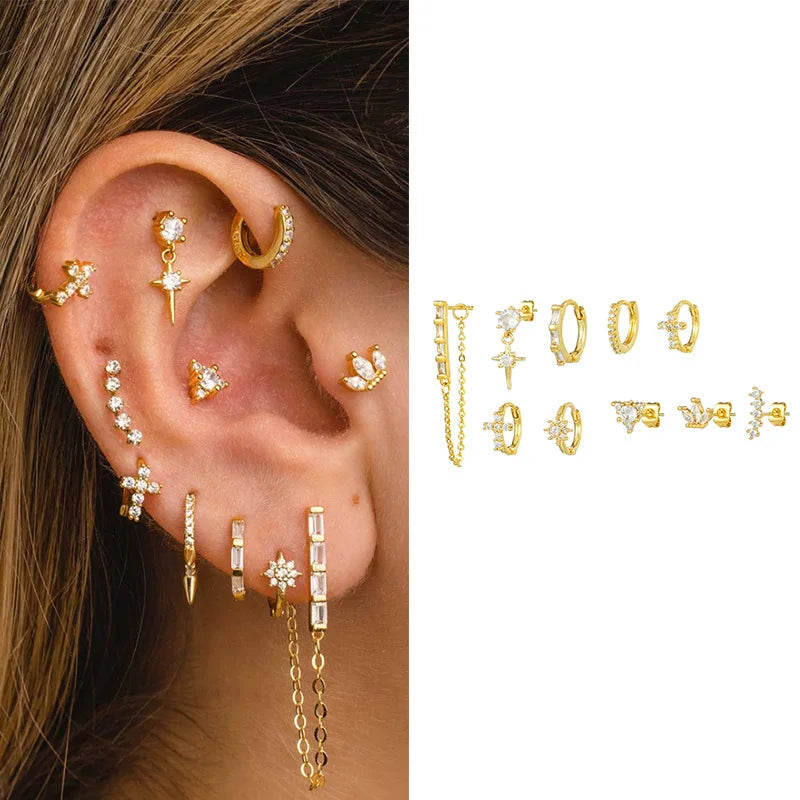 Fine Bridal Jewelry Set 10pcs/set 925 Silver Studs & Hoop Chain Earrings Gold Plated Minimalist Design Trendy Party Daily