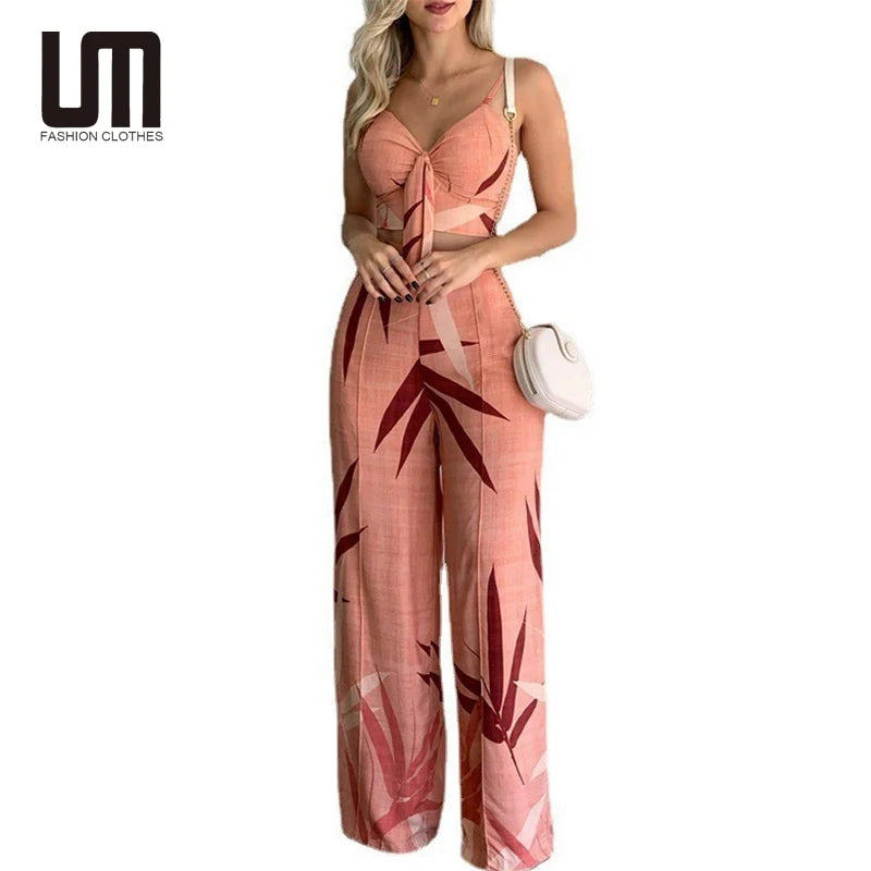 Liu Ming 2025 Trending Product Women Summer Fashion Printed V Neck Backless Vest High Waist Wide Leg Pants Set
