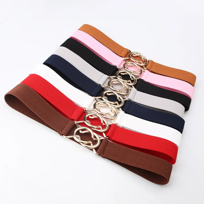 Hot Women Fashion Dress Jeans Pants Belt Adjustable Metal Gold Buckle Stretch Elastic Belt for Women Waist