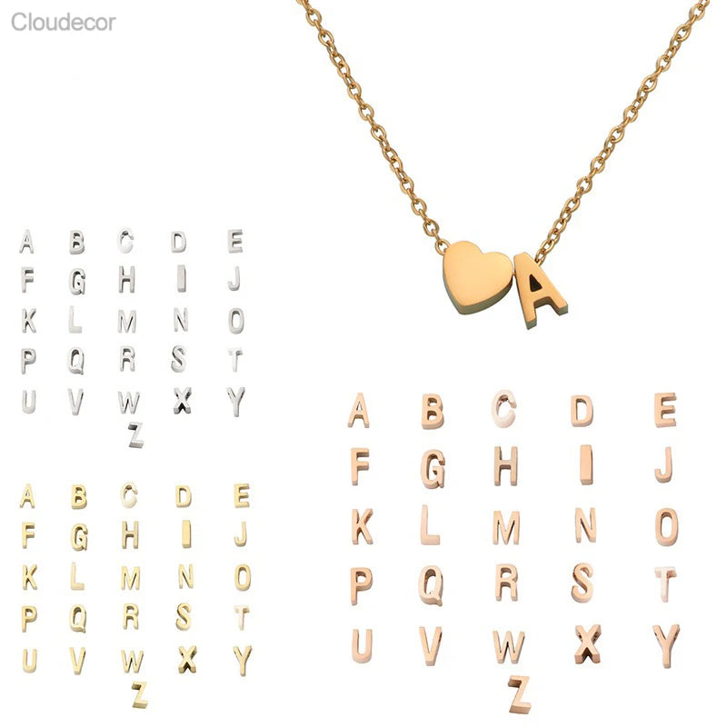 Women's Stainless Steel Initial Necklace with 18K Gold Plated Link Chain Simple Love Heart English Alphabet Pendant for Weddings