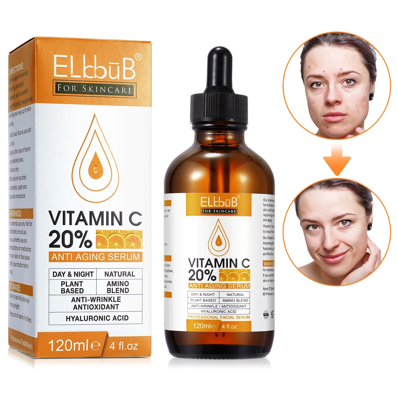 ELbbuB Private Label Organic 120ml Vitamin c Skin Care Serumface Care Brightening Whitening Vitamin c Serum for Face