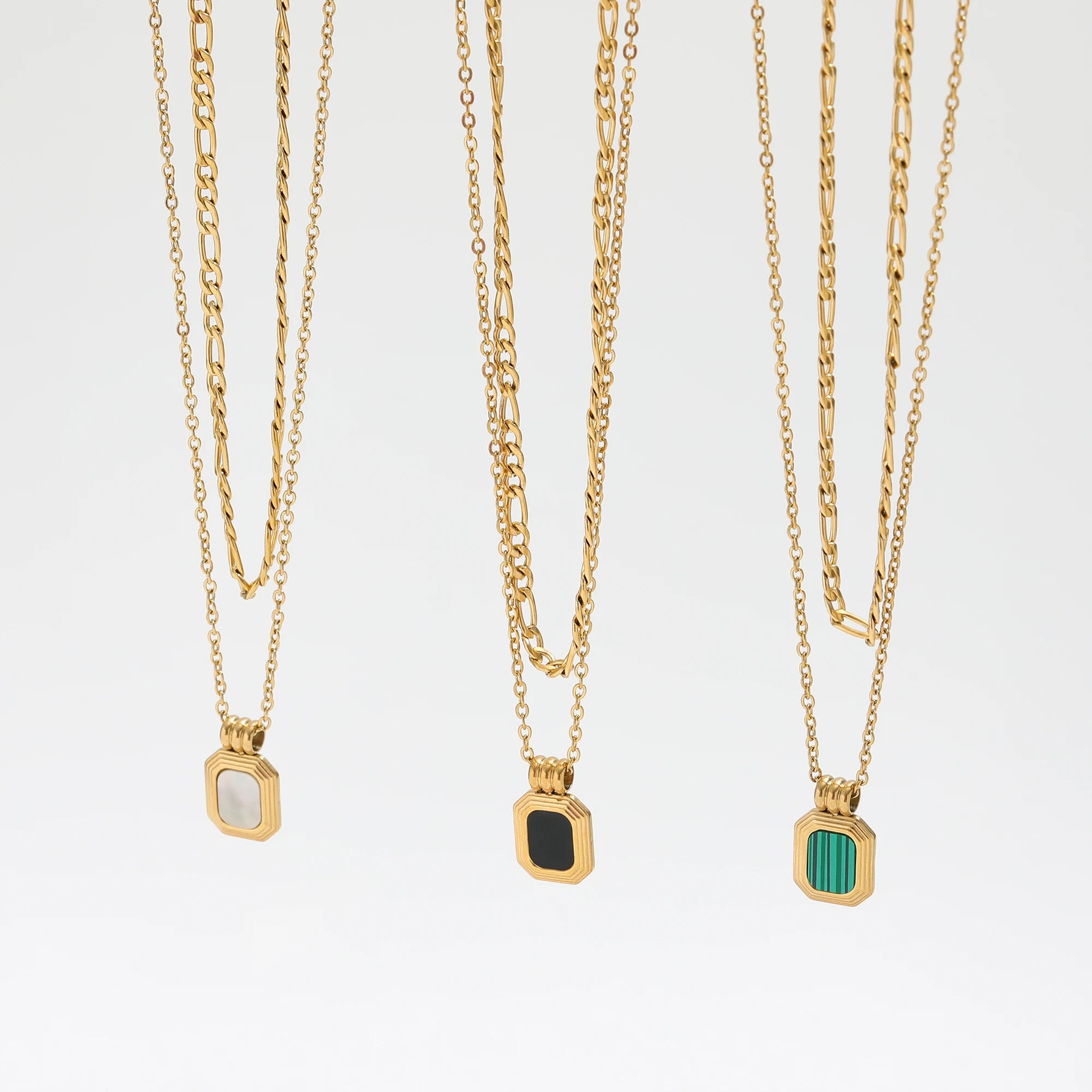 Joolim Jewelry 18K Gold Plated Double-Layer Mother of Pearl Onyx 2 Rows Layered Stainless Steel Necklace
