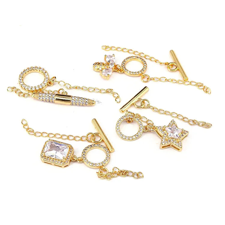 CZ8143 18K Gold Plated Star T-bar Closures Clasp Diamond CZ Star Bee Charm Toggle Clasp Lock Buckle with Extension Chain