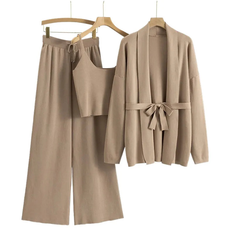 Wholesale 2026 Autumn Loose Relaxed Fashion Knitted Cardigan Coat Hanging Strap Wide Leg Pants Women's Set