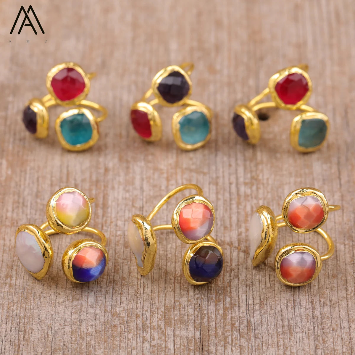 Elegant Multi-Ring Fashion Jewelry for Men and Women Classic Gold Plated Triplet Gemstone Ring