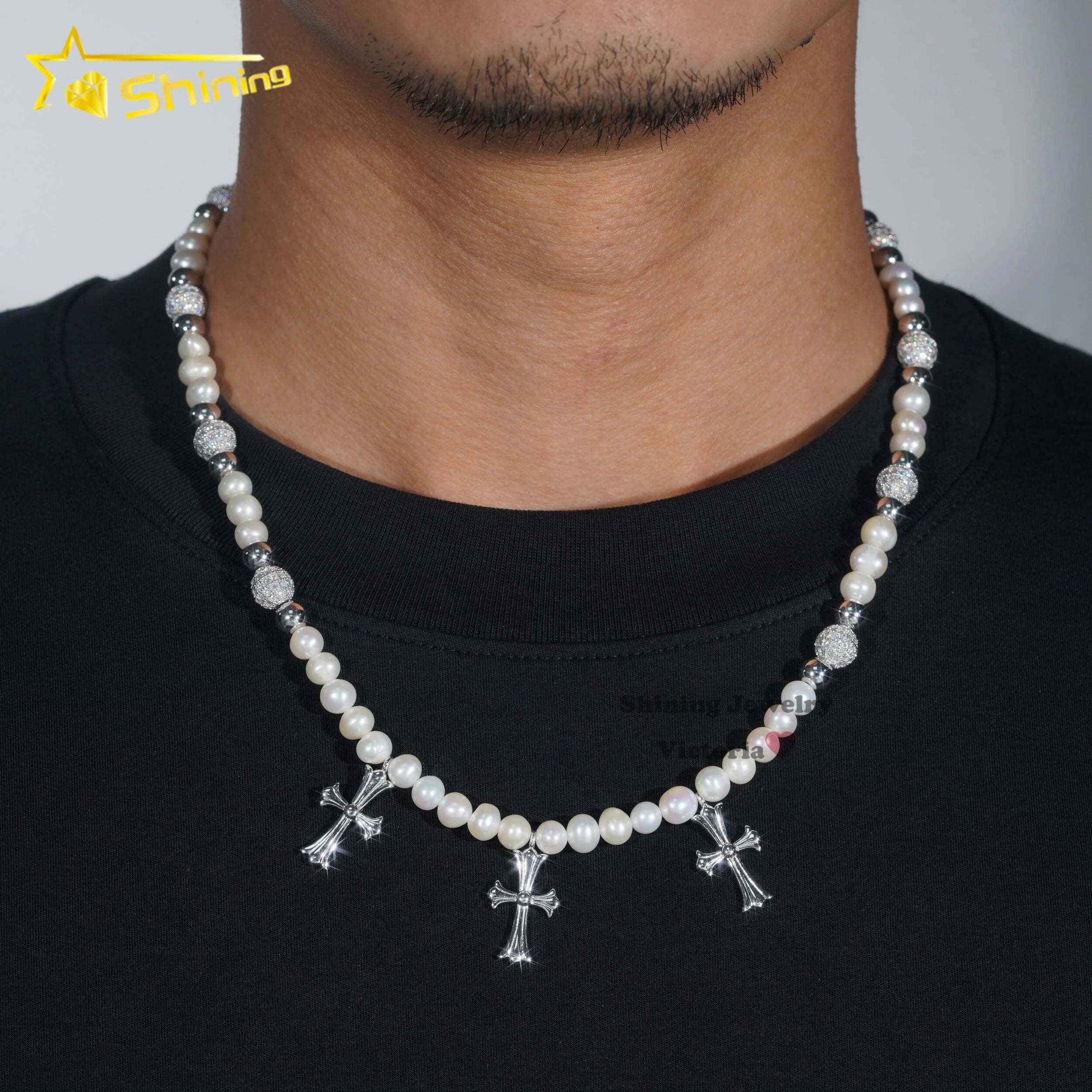 New Arrival Cross Style Fashion Pearl Pendant Necklace Fresh Water Pearls Necklace Moissanite Diamond Ball Chain