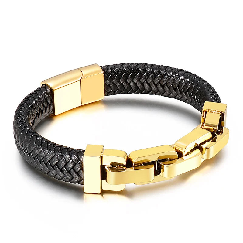 KALEN Engraving Adjustable Wrap Cuff Wristband Cowhide Leather Stainless Steel Biker Motorcycle Bike Chain Bracelet for Men