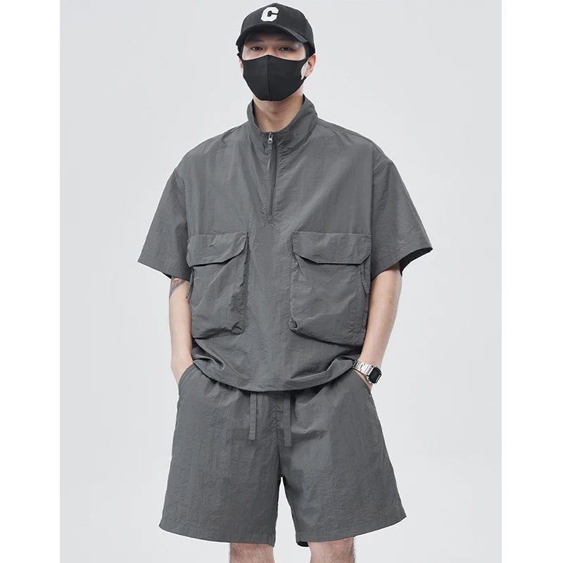 Wholesale Custom Zip Pullover Knitted Windbreaker Jacket Men's Polyester Waterproof Quick Dry Summer Sporty Two Piece Sets