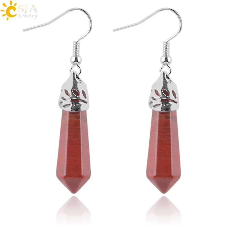 CSJA Wholesale Hexagon Gemstone Rose Quartz Lazuli Crystal Chakra Dangle Drop Fashion Earrings Jewelry E091