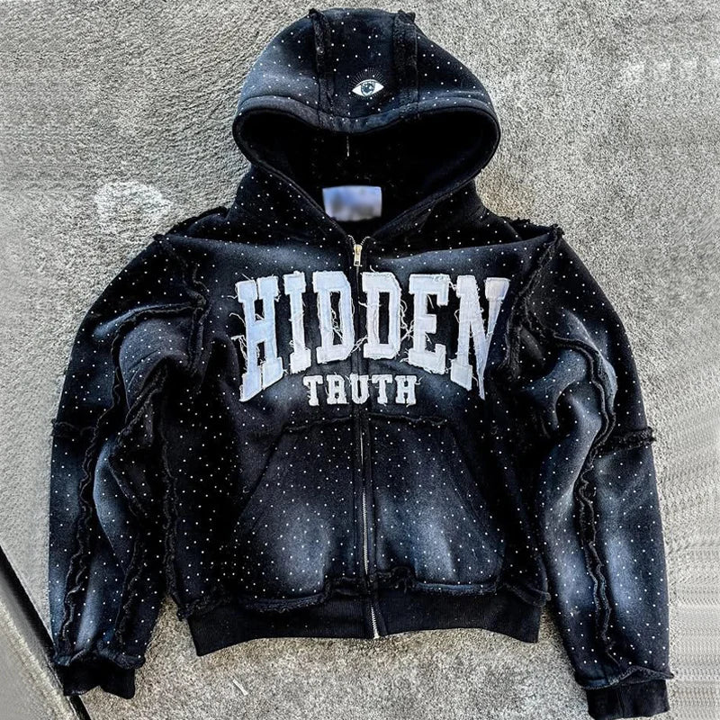Custom 100% Cotton Hoodies Manufacturers Streetwear Heavyweight Embroidered Distressed Rhinestone Acid Wash Y2k Zip up Hoodie