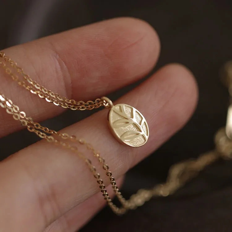 Simple Cute Fashion 14K Gold Plating Pure 925 Sterling Silver Oval Leaf Shape Pendant Necklace for Women Girls Jewelry