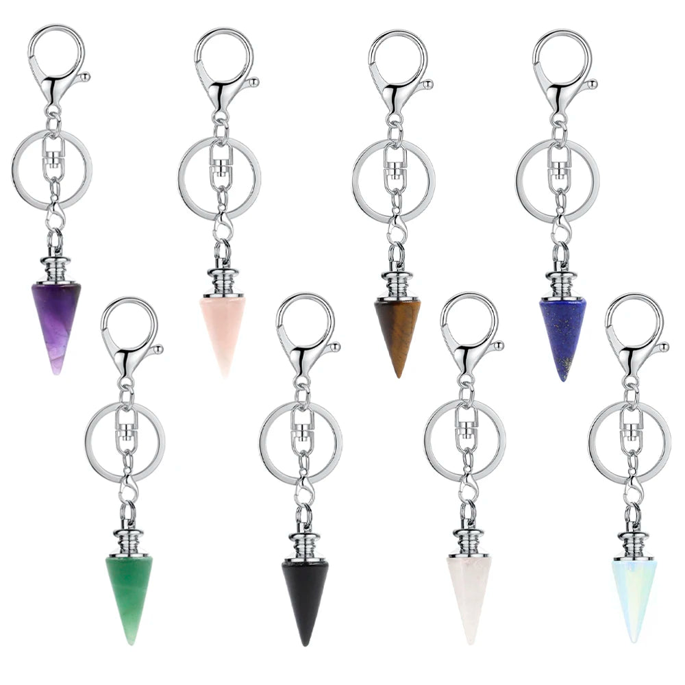 Natural Gemstone Cone Pendant Keychain Dowsing Pendulum Divination Healing Crystal Reiki Chakra Point Key Chain Accessories