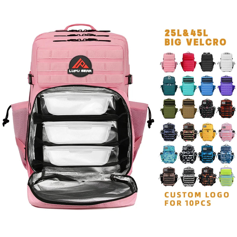 Customized 45L Pink Black Men's Tactical Lunch Backpack with Cup Holder Waterproof Molle Gym Cooler Bags