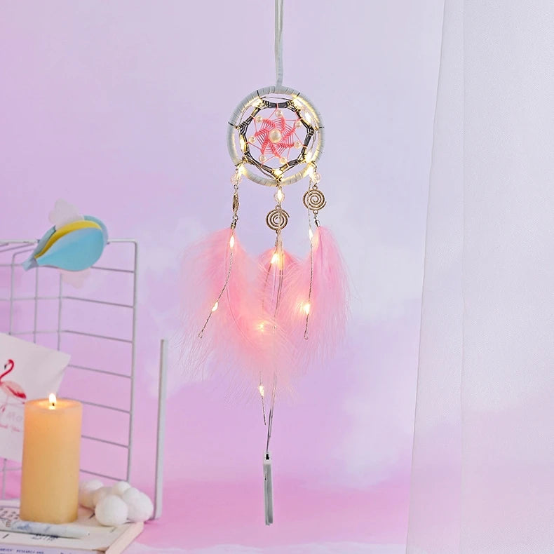 Factory Price LED Car Dream Catcher with Feathers Handmade Wall Hanging Car Ornament Craft Wall Art Hangings Decor Wind Chimes