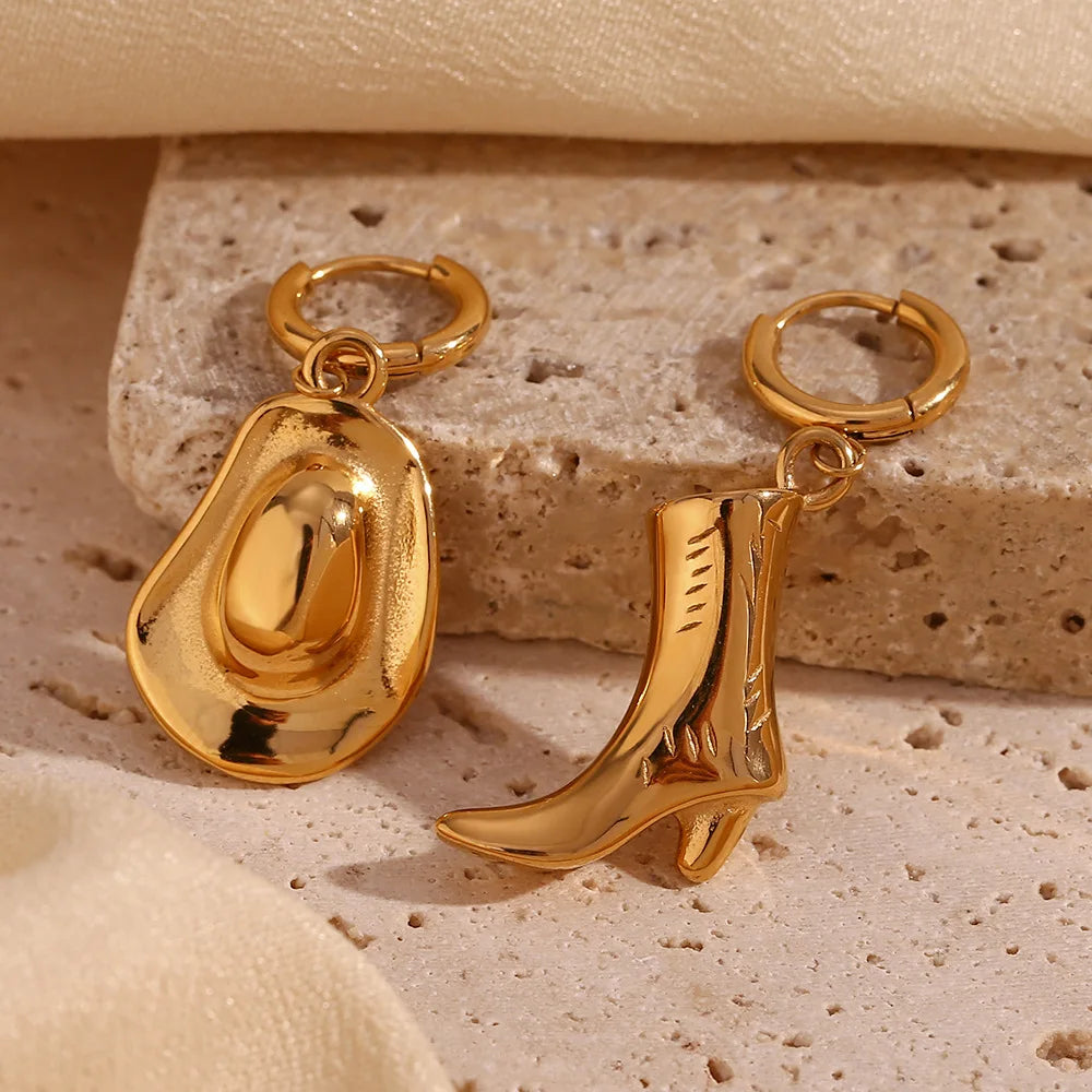 New Niche Creative Cowboy Boots Hats Non Tarnish Waterproof Earrings for Women 18K PVD Gold Plated Stainless Steel Jewelry Gift