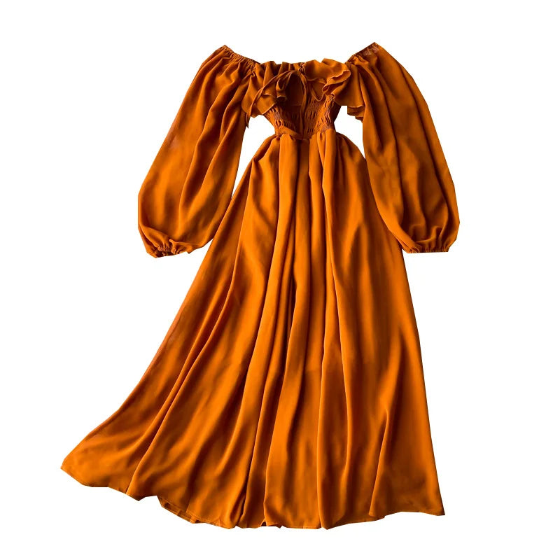 Womens Slash Neck Long Sleeve Midi Dress Female Yellow/Red/Pink High Waist Ruffle Big Swing Chiffon Dresses Fashion Big Swing