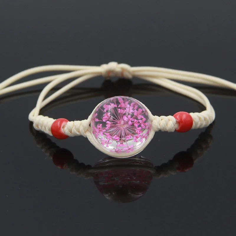 2021 New Design Glass Lucky Flower Bracelets Handmade Woven Dried Flower Charm Bracelets Glass Beads Bracelet Women Jewelry